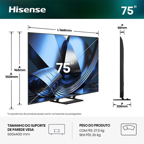 HISENSE MINI-LED TV 75"4K HDR10 SMART TV VIDAA 75U7SE