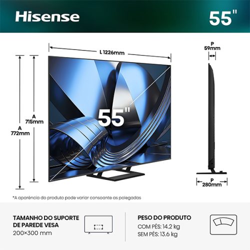HISENSE MINI-LED TV 55"4K HDR10 SMART TV VIDAA 55U7SE