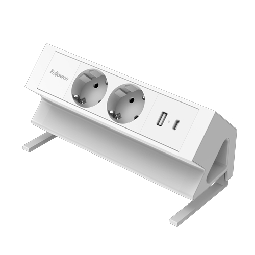 Régua de tomadas de mesa Fellowes com 2 entradas - USB-A - USB-C - Cabo de 2 m - Fixação por grampo para mesas de 10 a 45 mm - 19,64 x 9,7 x 8,75 cm