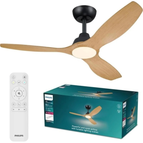 Ventilador de teto Philips Olas com luz LED (até 6500K) - Pás fixas - Ventilador de 35W + Luz de 24W - Comando - Preto/Madeira