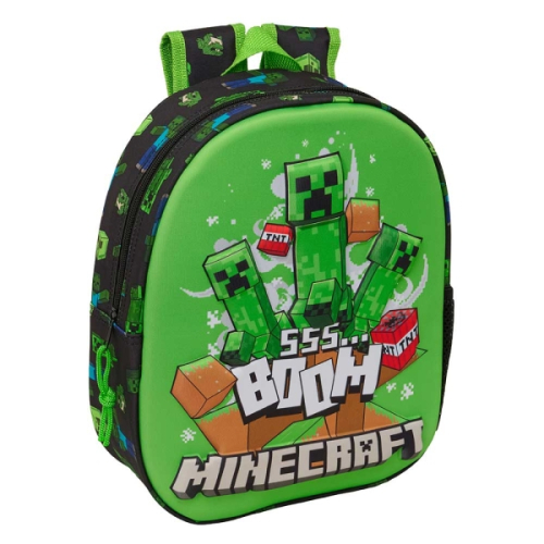Safta Minecraft Boom Mochila 3D - Porta-Garrafas - Ombreiras Acolchoadas - Alsa de Mão Superior - 27x33x10cm - Verde e Preto