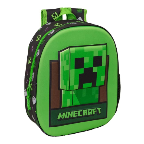 Safta Minecraft Mochila 3D - Porta-Garrafas - Ombreiras Acolchoadas - Alsa de Mão Superior - 27x33x10cm - Verde e Preto