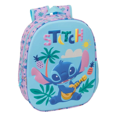 Safta Stitch Mochila 3D - Porta-Garrafas - Ombreiras Acolchoadas - Alsa de Mão Superior - 27x33x10cm - Azul Pastel