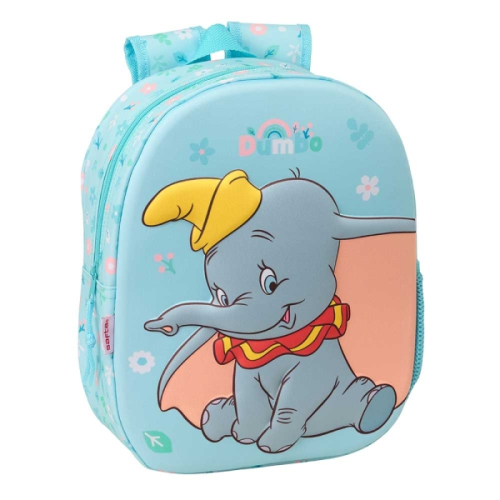 Safta Dumbo Mochila 3D - Porta-Garrafas - Ombreiras Acolchoadas - Alsa de Mão Superior - 27x33x10cm - Azul Pastel