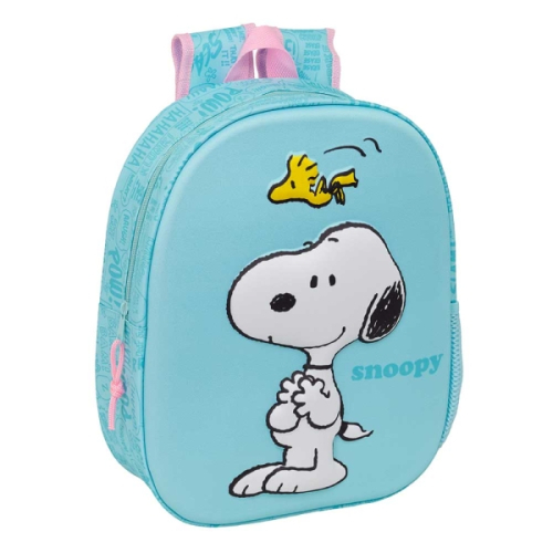 Safta Snoopy Mochila 3D - Porta-Garrafas - Ombreiras Acolchoadas - Alsa de Mão Superior - 27x33x10cm - Azul Pastel