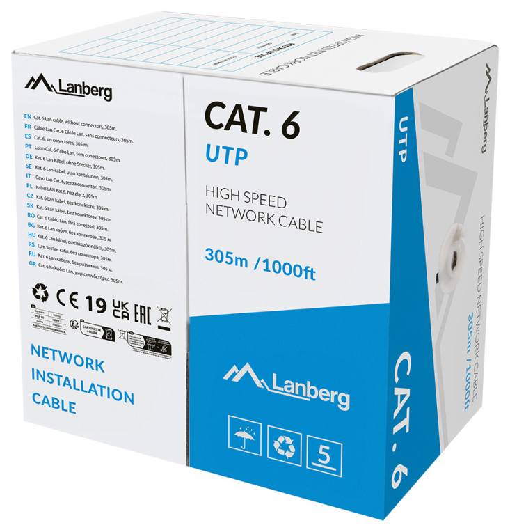 Cabo de Rede LANBERG UTP CAT.6 Bobine,cobre maciço LSZH CPR 305M Cinzento,aprovado pela Fluke.