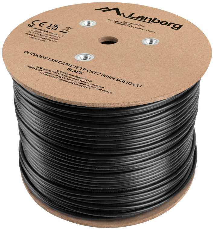 Cabo de Rede Externo LANBERG Bobine SFTP RJ45 CAT.7 SOLIDO CU 305M BLACK Aprovado no teste Fluke