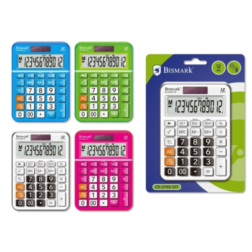Bismark C-2746 Calculadora de Mesa - Tela LCD de 12 Digitos - 3 Teclas de Memoria,Calculo de Impostos,Raiz Quadrada - Alimentação Solar e