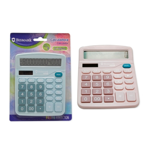 Bismark Calculadora de Mesa - Tela LCD de 12 Digitos - 3 Teclas de Memoria - Energia Solar e a Pilhas - Cores Pastel Aleatorios