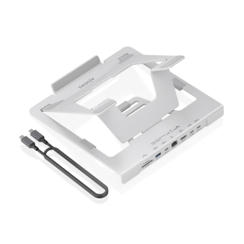 Suporte para portátil Aisens ASUC-7P045-GR para portáteis até 16"- Altura ajustável - Antiderrapante - Dobrável - Base USB-C 7 em 1 - Cinzento