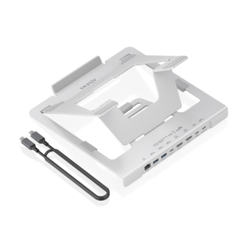 Suporte para portátil Aisens ASUC-7P046-GR para portáteis até 16"- Altura ajustável - Antiderrapante - Dobrável - Base USB-C 7 em 1 - Cinzento