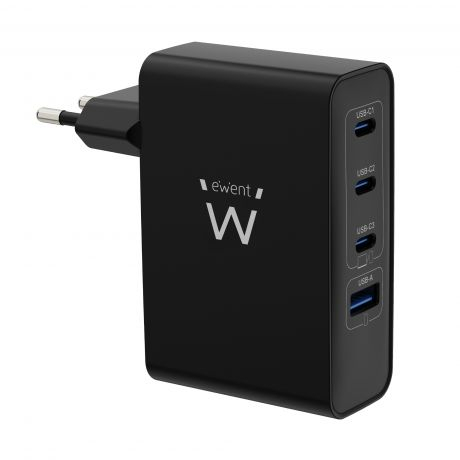 Carregador de parede universal Ewent EW1330 GaN 100W ultrarrápido - 3 portas USB-C PD 3.0 e 1 porta USB-A QC 3.0 - Preto