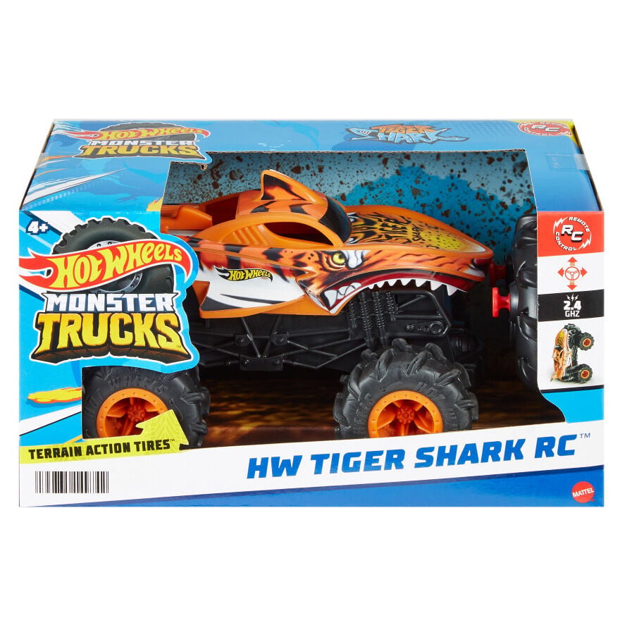 Hot Wheels Monster Trucks RC,1:24 Scale Tiger Shark Vehicle,Oversized Remote-Control Toy Truck with Terrain Action Tires