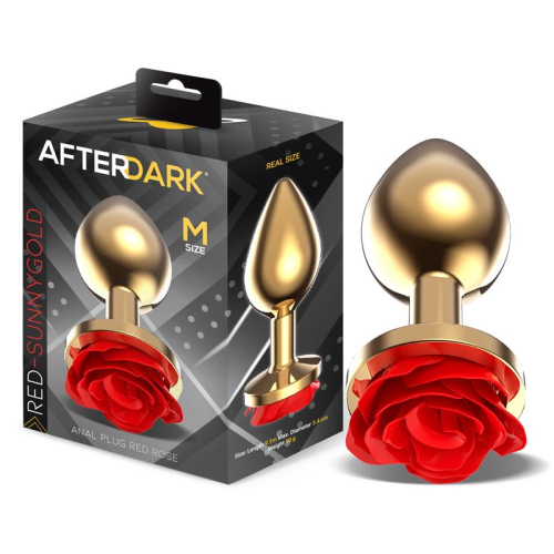 Plug Anal de Metal Dorado com Rosa Roja en la Base Tamanho M