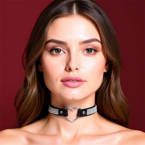 Colar com Coração y Pedrería Estilo Choker Couro Vegano Tamanho Único