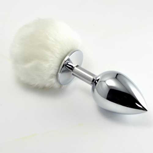 Plug Anal de Metal com Pompon Branco Tamanho L