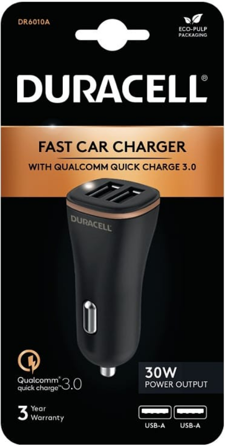 DURACELL POWER TRAVEL CHARGER 12V 2XUSB-A 4,8A QC DR6010A