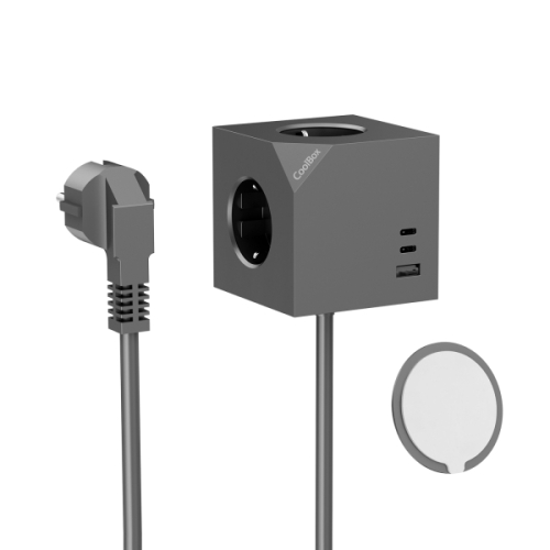 Coolbox Cubik Adaptador de Alimentação Magnético de Mesa com 3 Tomadas + 2x USB-C 20W máx. - 1x USB-A 15W máx. - Cabo de 1,4m - Fixação Magnética - Ci
