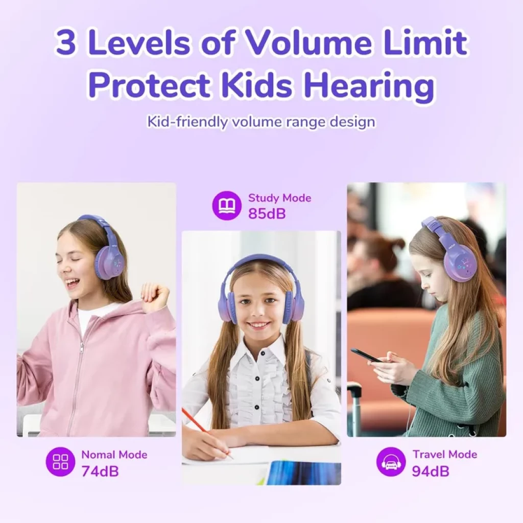 EarFun K4 RGB Bluetooth Roxo – Auscultadores infantis com 90 horas de autonomia e controlo de volume
