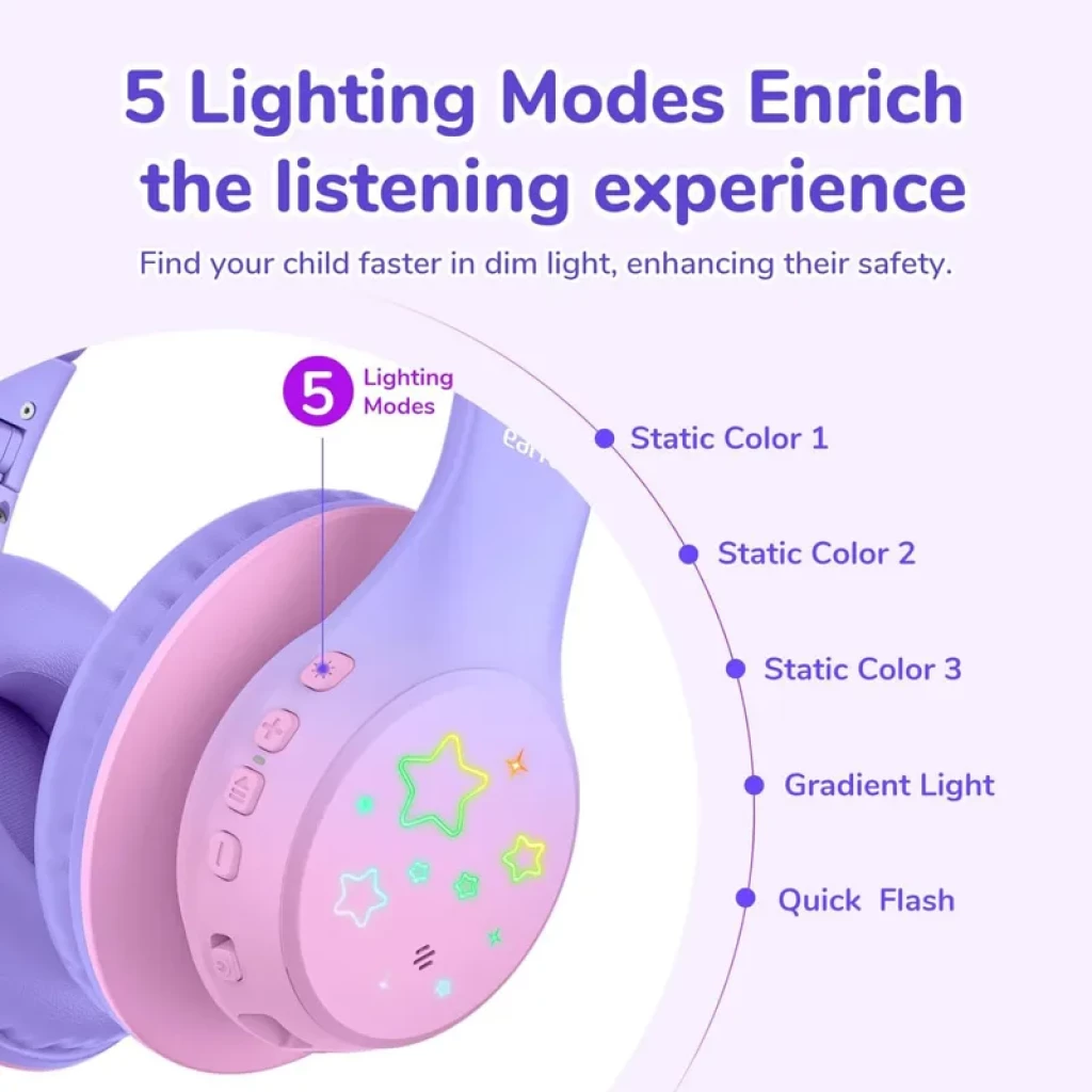 EarFun K4 RGB Bluetooth Roxo – Auscultadores infantis com 90 horas de autonomia e controlo de volume