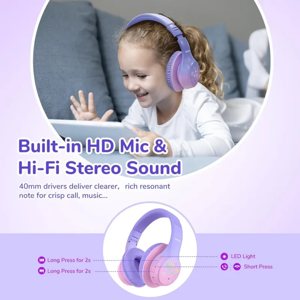 EarFun K4 RGB Bluetooth Roxo – Auscultadores infantis com 90 horas de autonomia e controlo de volume