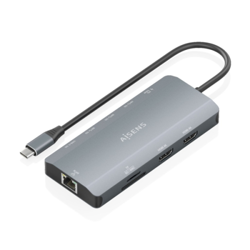 Aisens USB-C Dock 12 em 1 - USB-C a 2xHDMI - 1xRJ45 - 3xUSB-A - 1xUSB-C - 1xUSB-C PD 100W - 1xSD - 1xMicroSD - 20cm