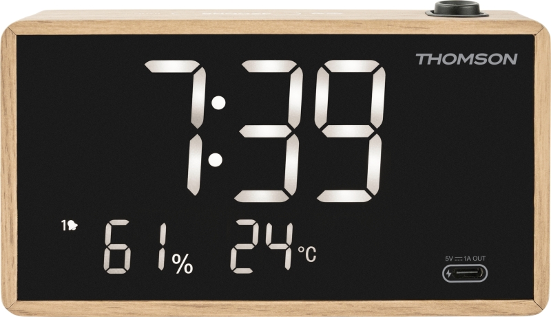 Rádio-Relógio Thomson com Projeção - Rádio FM - Visor da temperatura interior - Ângulo de projeção ajustável - Madeira