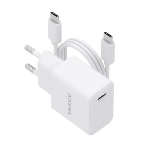 Carregador Aisens Gan 20W - 1x USB-C PD3.0 - Cabo USB-C de 1m - Branco