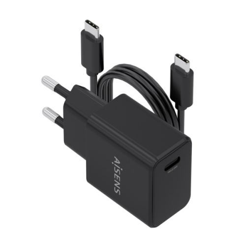 Carregador Aisens Gan 20W - 1x USB-C PD3.0 - Cabo USB-C de 1m - Preto
