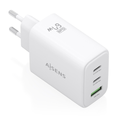 Aisens Cargador GAN 67W - 2x USB-C PD3.0 QC4.0 - 1xUSB-A QC3.0 - Color Blanco