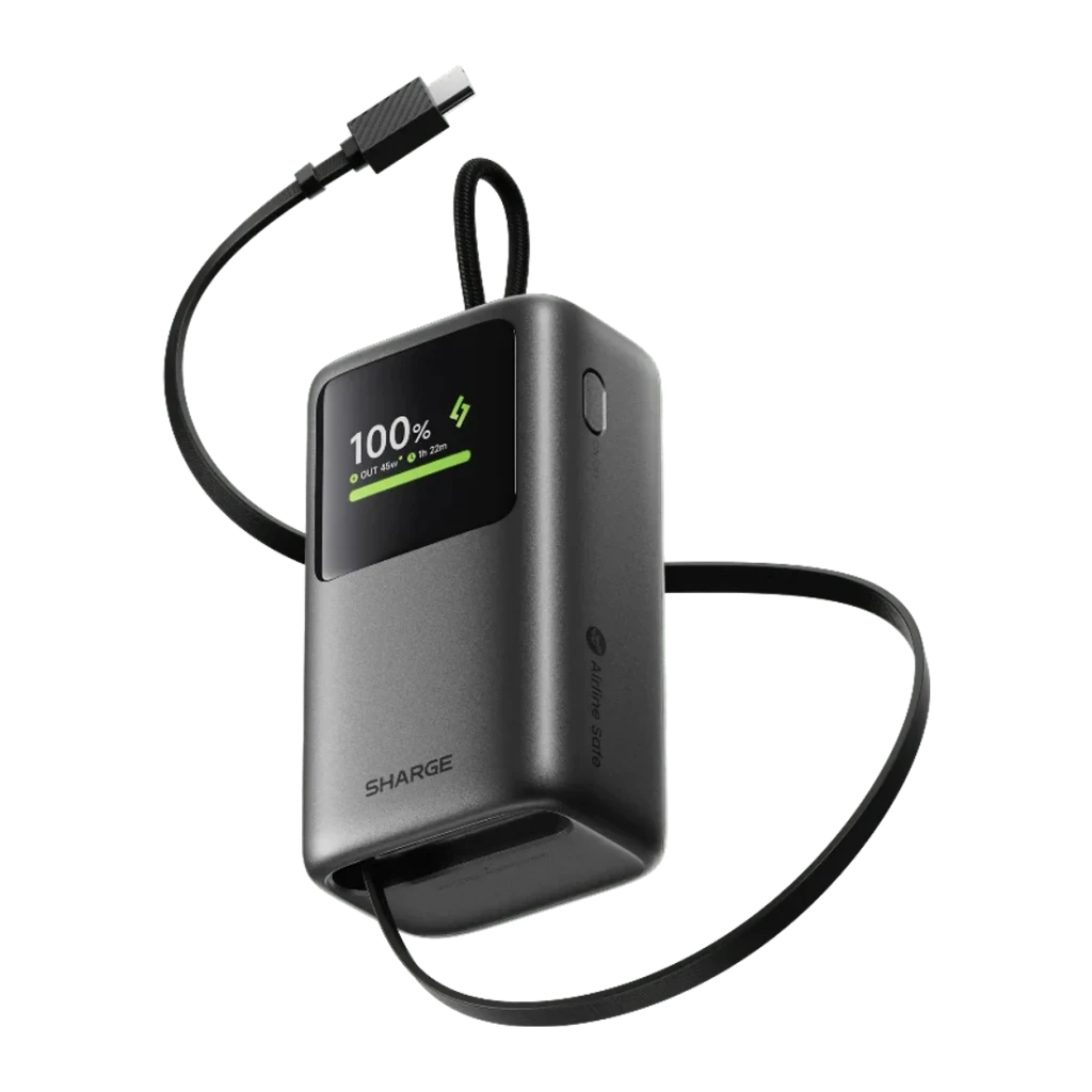 Sharge E3 HyperTower Preto com cabo retrátil integrado 10000mAh 45W USB-C Power Bank