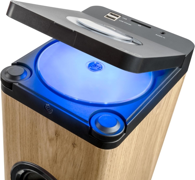 Torre de Som Thomson DS220CD 60W com Bluetooth 5.3 - Leitor de CD - Entrada AUX de 3,5 mm,USB e Leitor de Cartões SD/MMC Madeira/Preto