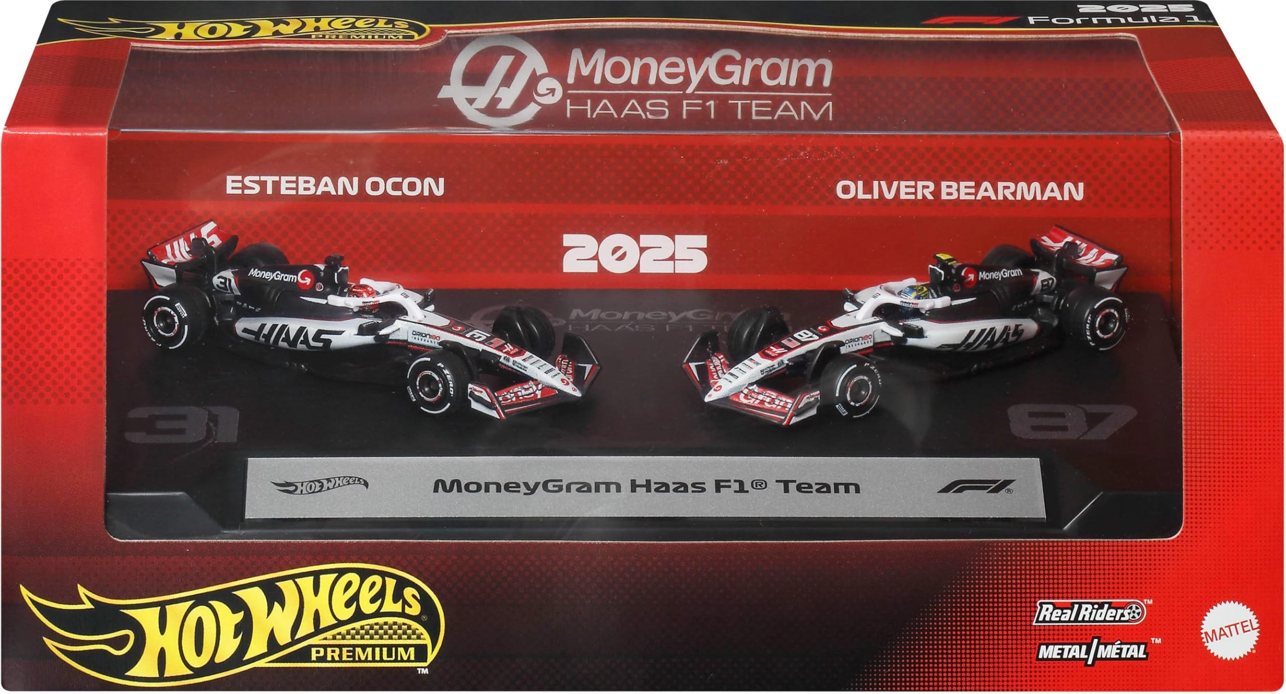 Pack 2 Carros Hot Wheels Premium Formula 1:MoneyGram Haas - Esteban Ocon e Oliver Bearman (2025) 1:64