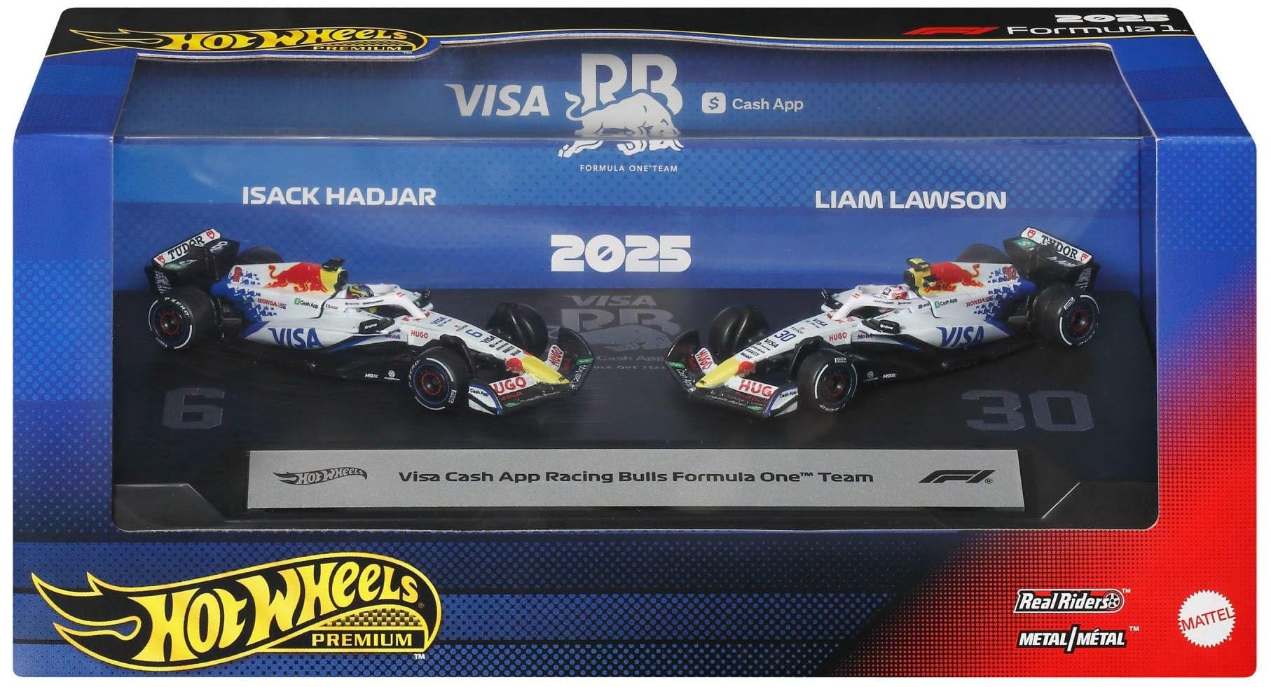 Pack 2 Carros Hot Wheels Premium Formula 1:Visa Cash App Racing Bulls - Liam Lawson e Isack Hadjar (2025) 1:64
