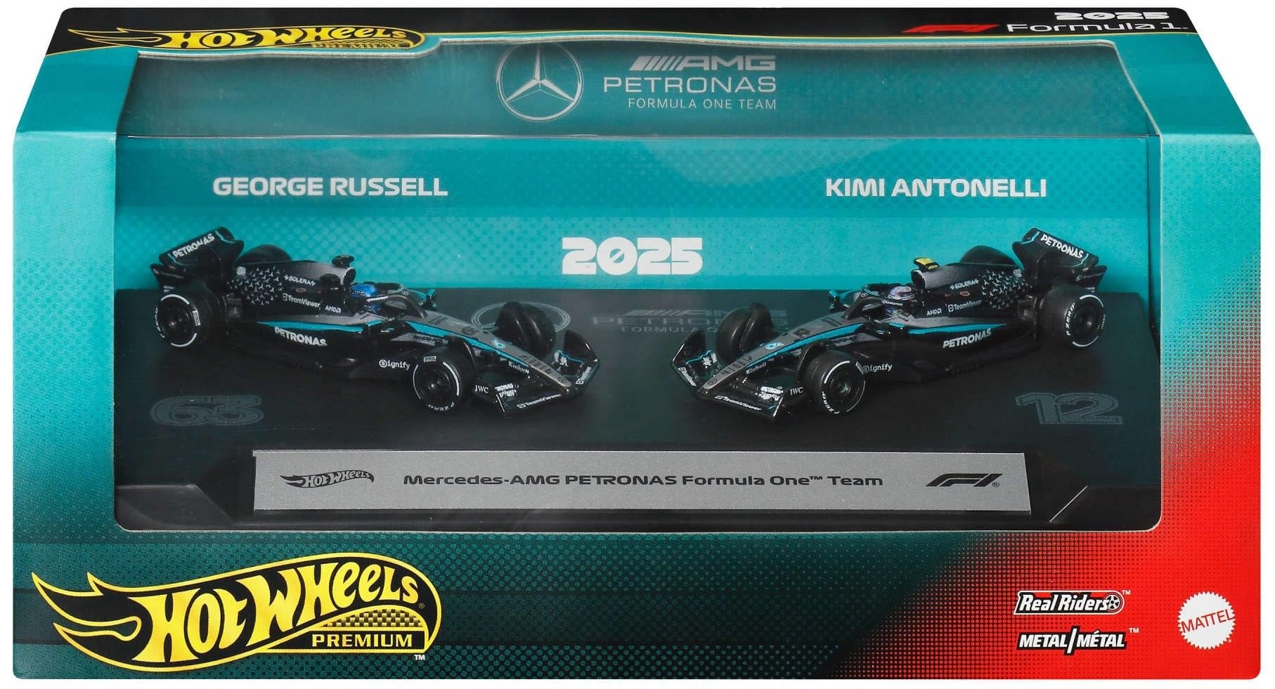 Pack 2 Carros Hot Wheels Premium Formula 1:Mercedes-AMG Petronas - George Russell e Kimi Antonelli (2025) 1:64
