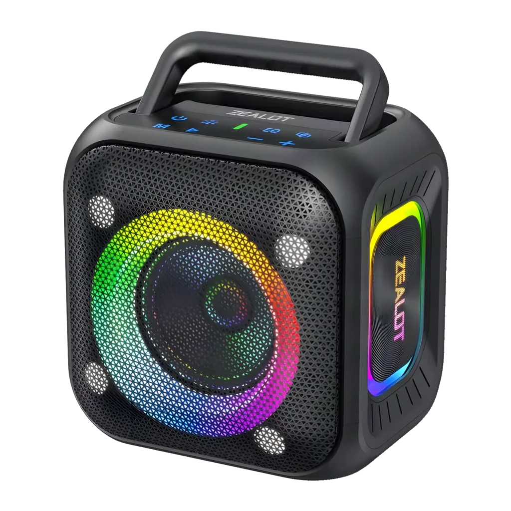 Coluna Bluetooth 5.4 Zealot PT01 30W 12h IPX6 6000mAh luzes LED entrada AUX