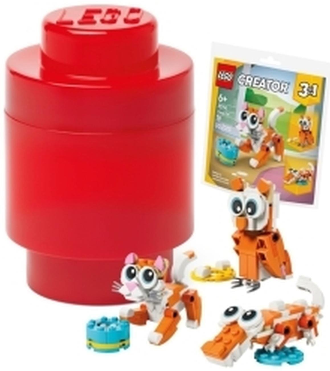Caixa de arrumação LEGO Storage Brick Round 1 com mini conjunto Gato 3 em 1 (Vermelho translúcido)